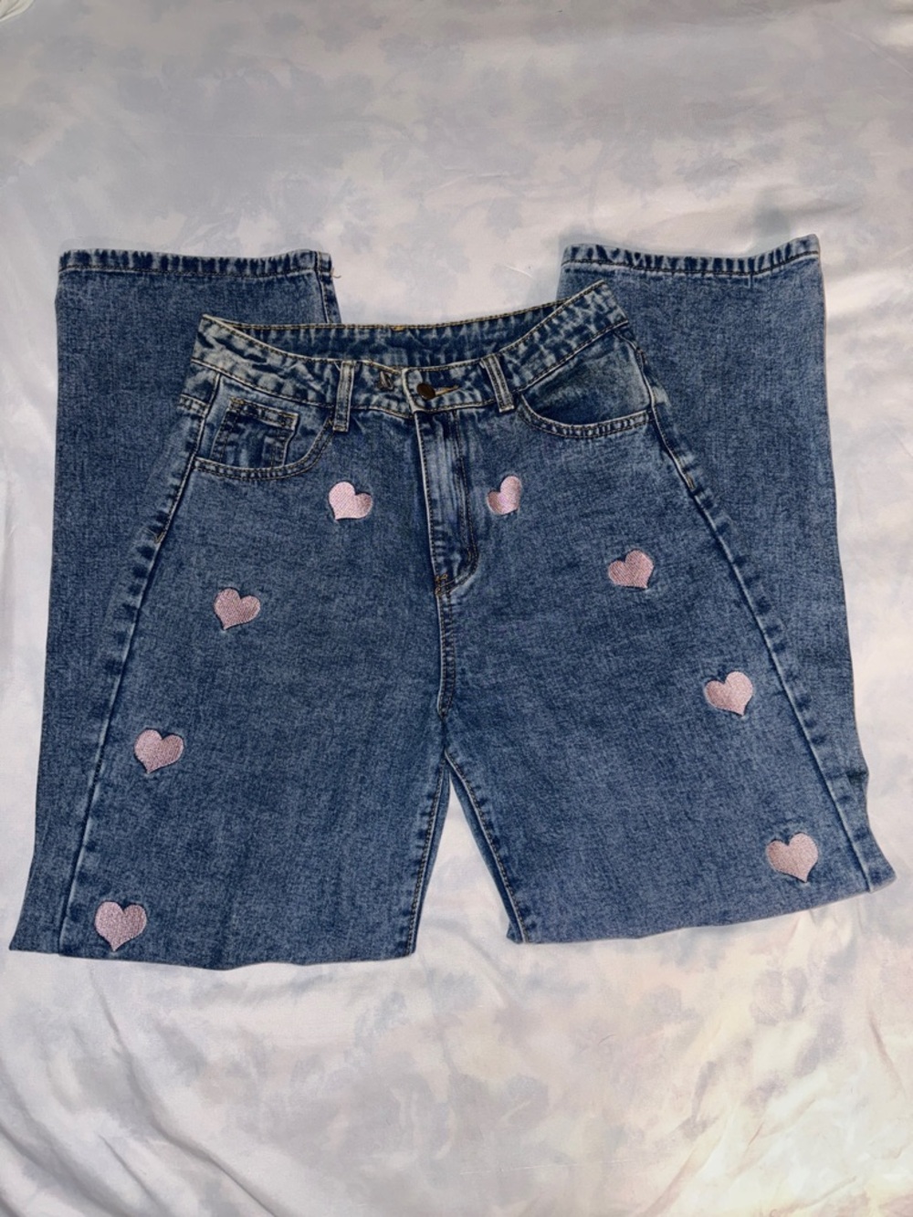 SHEIN Blue Straight Leg Jeans with Pink Heart Patches
